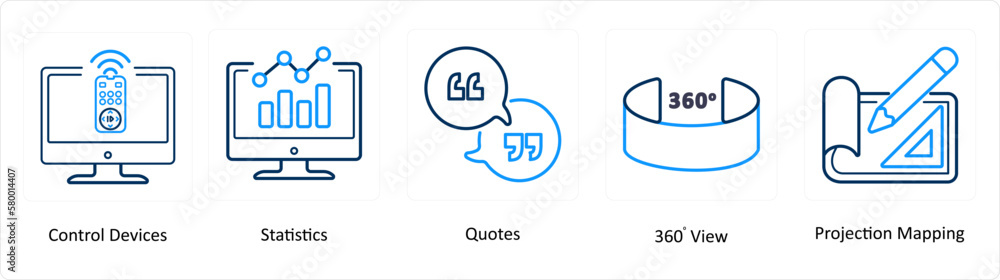 A set of 5 Virtual Reality icons as control devices, statistics, quotes A set of 5 Virtual Reality icons as control devices, statistics, quotes