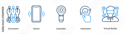 A set of 5 Virtual Reality icons as consumers, sensor, controller
