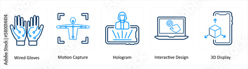 A set of 5 Virtual Reality icons as wired gloves, motion capture, hologram
