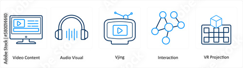 A set of 5 Virtual Reality icons as video content, audio visual, vjing