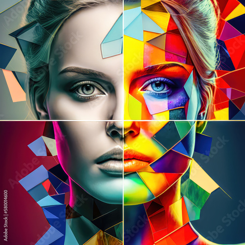 Porträt eine Frau Patchwork Op-Art Abstrakt Surreal Artwork Generative AI Digital Art Kunst Cover Hintergrund Wandbild © Korea Saii