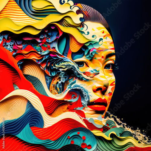 Portr  t eine Frau Patchwork Op-Art Abstrakt Surreal Artwork Generative AI Digital Art Kunst Cover Hintergrund Wandbild