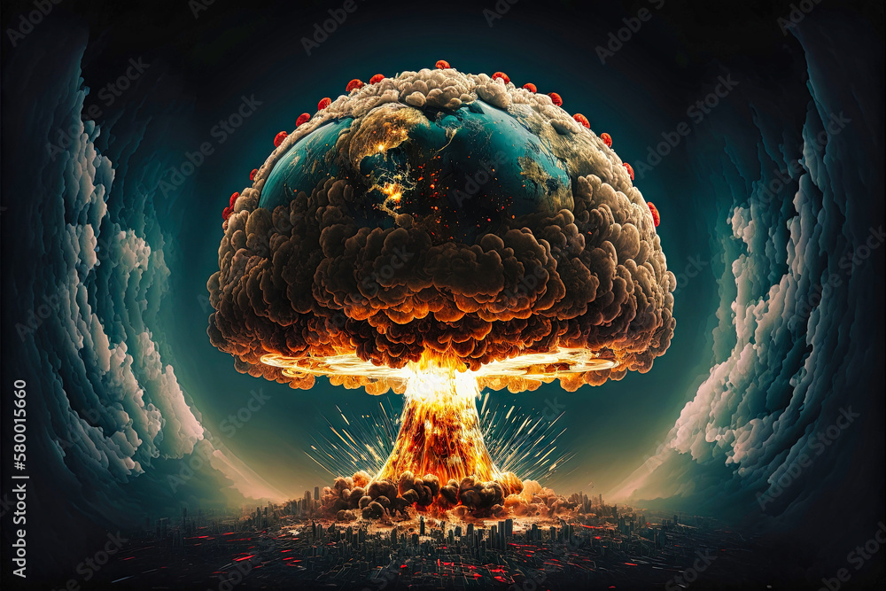 Explosion of nuclear bomb during war actions. Apocalypse and end of the