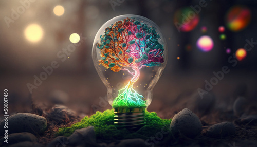 Tree growing in light bulb, sustainable energy saving and earth day environment concept, Generative AI.