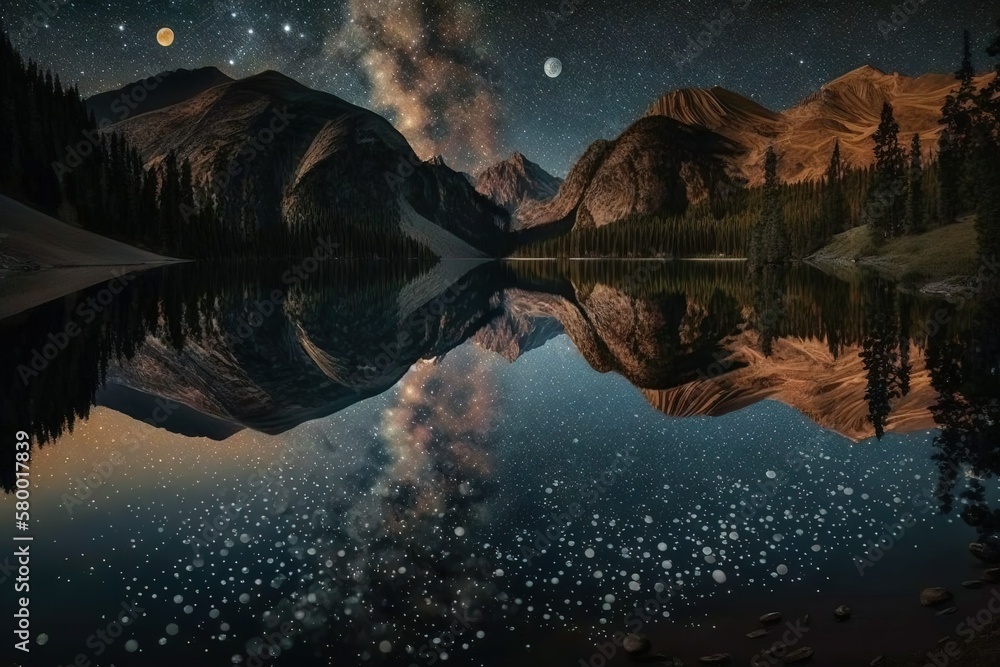 Beautiful landscape with galaxies reflecting in the mountain lake