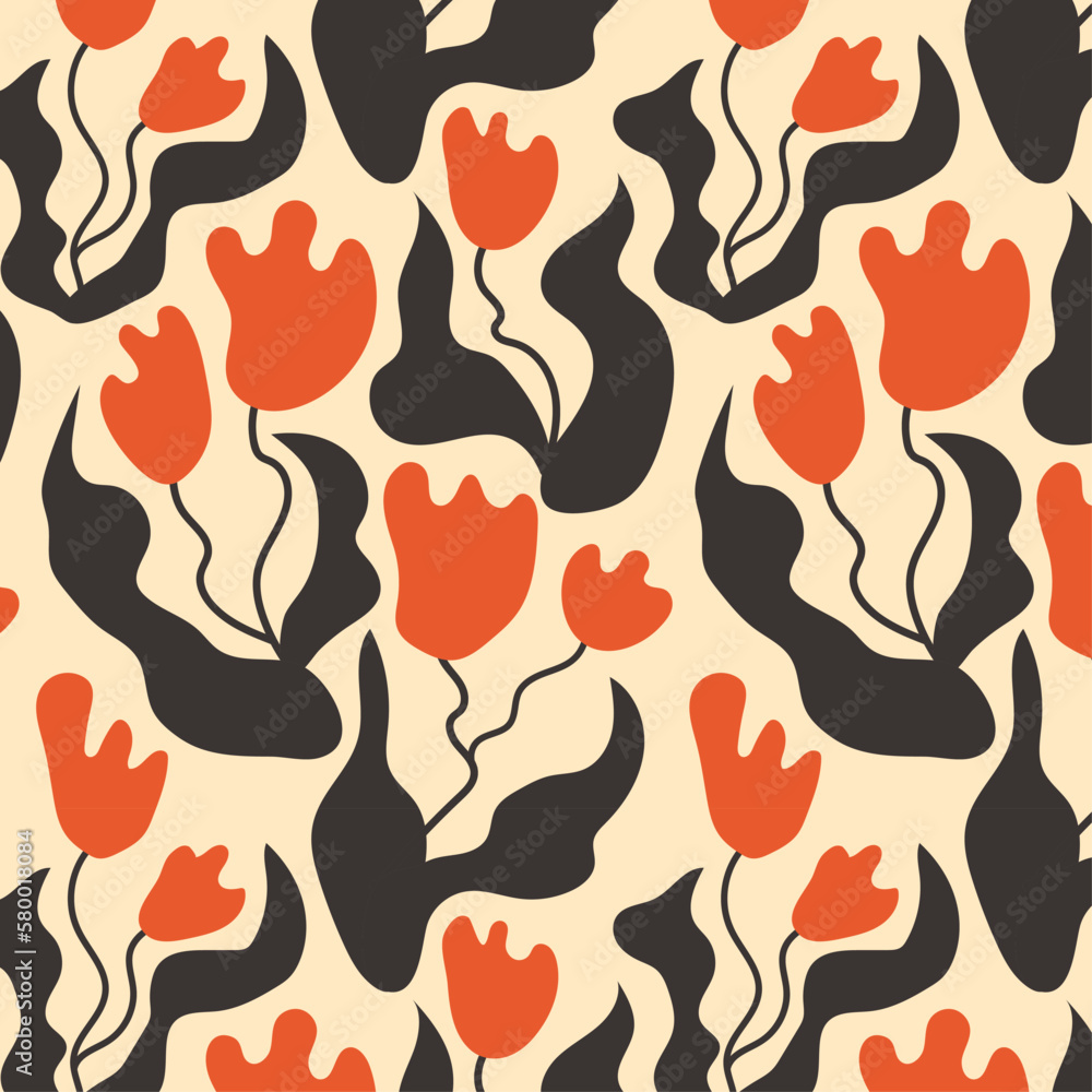 Groovy abstract pattern tulips black flower. . Modern naive groovy funky interior decoration. Vector art illustration. Groovy abstract pattern tulips black flower. . Modern naive groovy funky interior decoration. Vector art illustration.