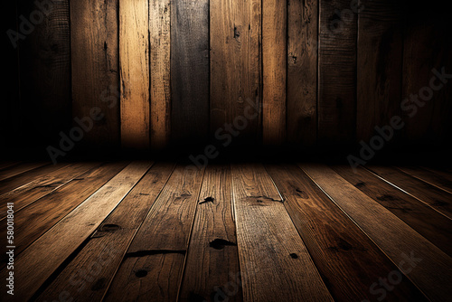 Dunkler leerer Raum aus verwitterten braunem Holz mit Lichtspot, Holzraum 