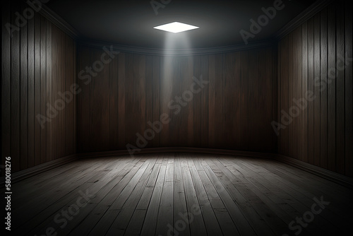 Dunkler leerer Raum aus braunem Holz mit Lichtspot  Holzraum 