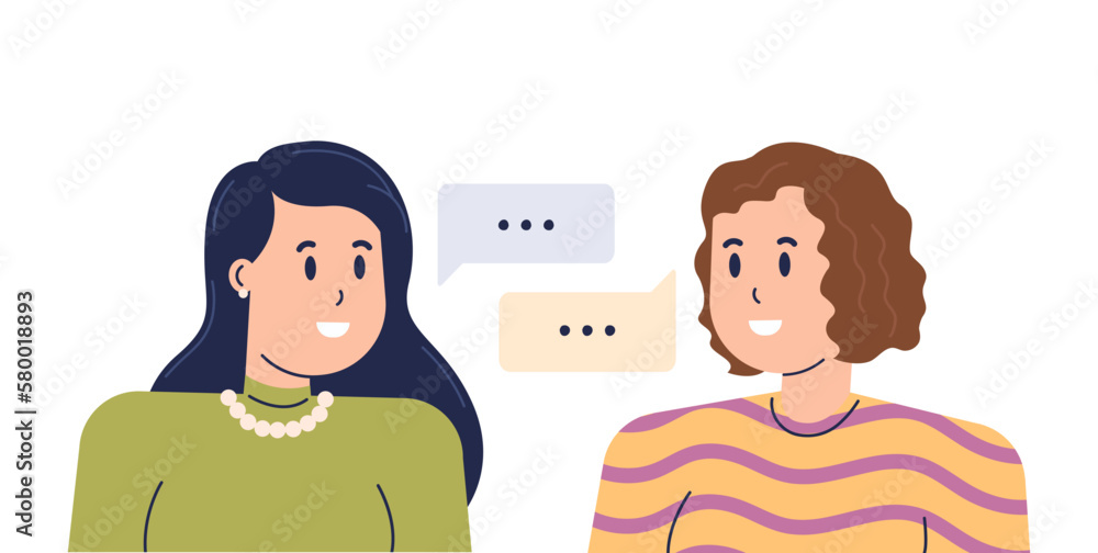 Obraz premium Two Female Smile and Communicate. Friends Spend Time Together. Fashion Girls Meeting. Person with Bubble. Isolated Vector Illustration in Cartoon Style.