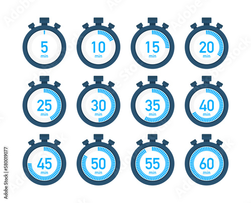 Timer, stopwatch icons set 10 20 30 40 50 60 minutes. Cooking time.