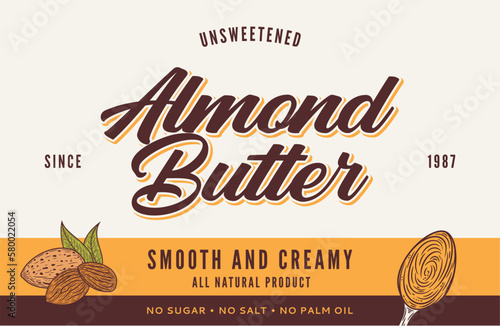 Almond butter label and packaging design template. Vector almond illustration