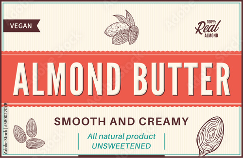 Almond butter label and packaging design template. Vector almond illustration