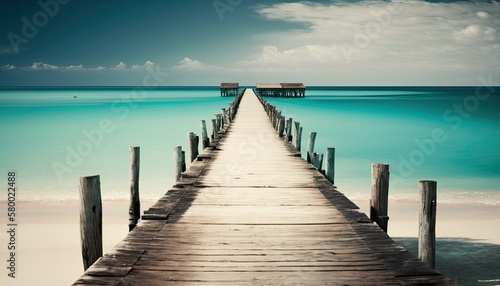 A view of a wooden pier extending towards the turquoise sea. Generative AI illustration.