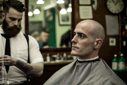 Image bald man without beard ready for his shave while in the background the barber prepares the razor blade. Image generated by AI from a photo of the photographer