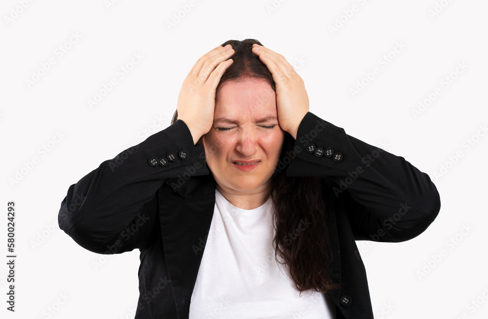 Beautiful business woman wearing black suit over isolated white background suffering from headache desperate and stressed because of pain and migraine. Hands on the head.