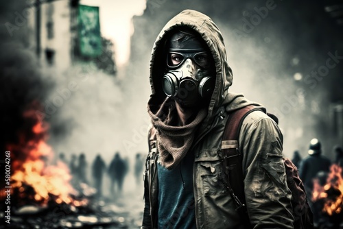 Post-Apocalyptic Protester in Gas Mask - Photorealistic Illustration