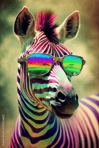 Zebra wearing sunglasses  Psychedelic Illustration. Generative AI