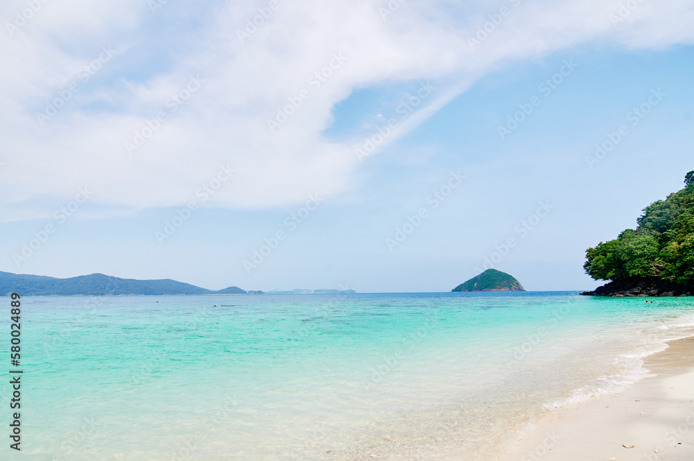 Beautiful tropical landscape. Sandy beach with blue clear water.