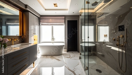 Luxurious bathroom with marble walls  contemporary decoration  windows with natural light. Ai Generative.