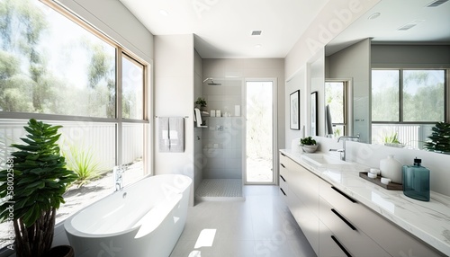 Modern and luxury bathroom interior, sunlight on the window. Ai Generative.