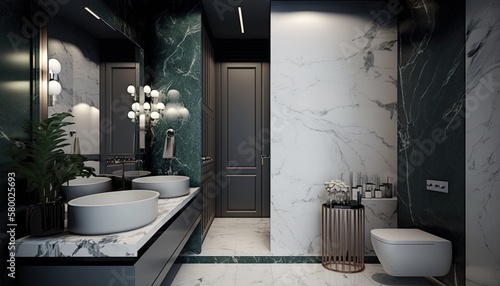 Luxurious bathroom with marble walls, contemporary decoration, windows with natural light. Ai Generative.