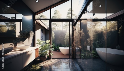 Modern and luxury bathroom interior, sunlight on the window. Ai Generative.