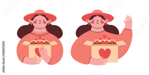 Set of illustrations with women volunteers with box for donation with hearts in hands. Cute clip arts with girls activists, which waving hello. Volunteering, supporting, humanism, charity conception.