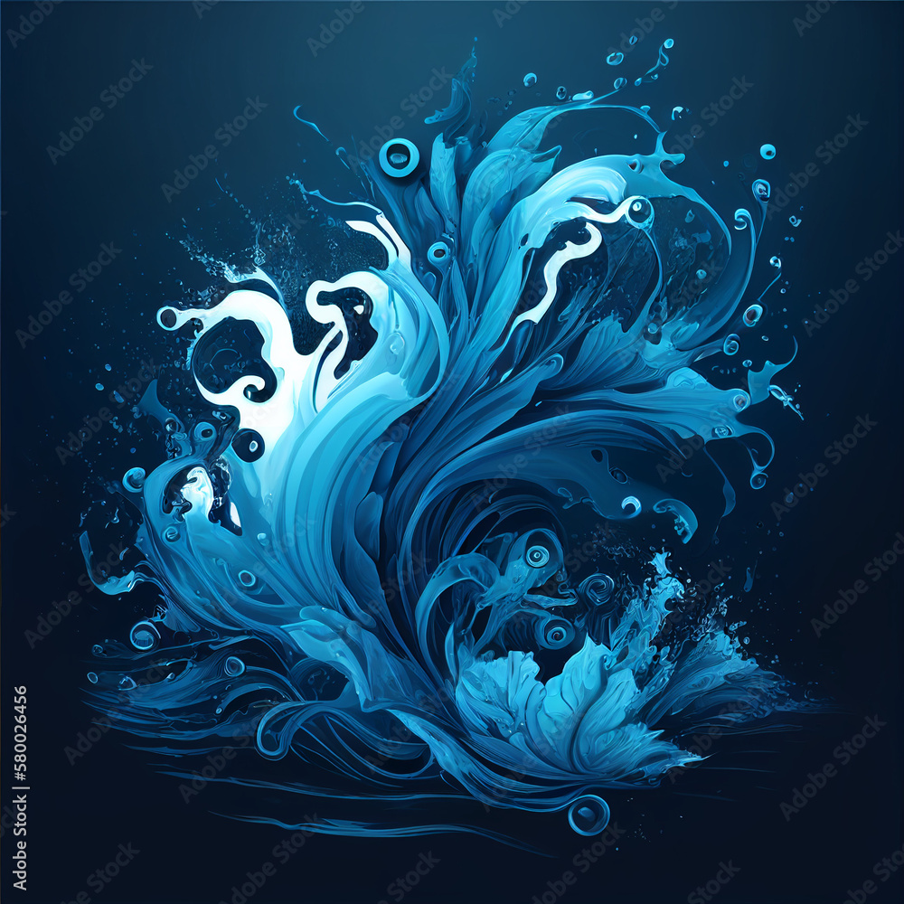 water in the form of an abstract essence is poured and takes the form of bubbles, grass and leaves on a dark blue background