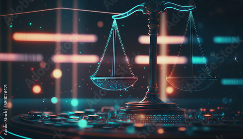 Law scales on background of data center. Digital law concept of duality of Judiciary, Jurisprudence and Justice and data in the modern world. Copy space. Based on Generative AI photo