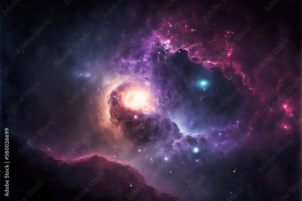 Fototapeta premium Purple and violet nebula with stars. Fantasy galaxy generative AI background