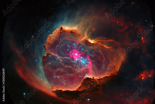 Red nebula with stars. Fantasy galaxy generative AI background