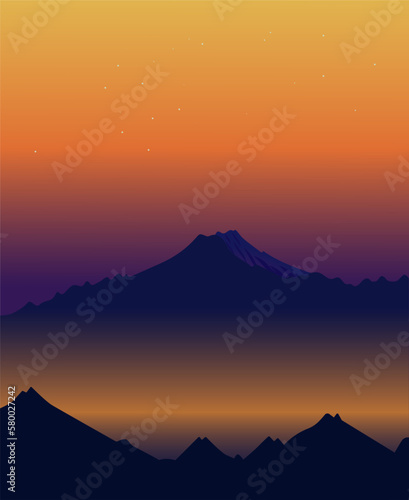 Cyberpunk mountain landscape at sunset. Futuristic retro poster