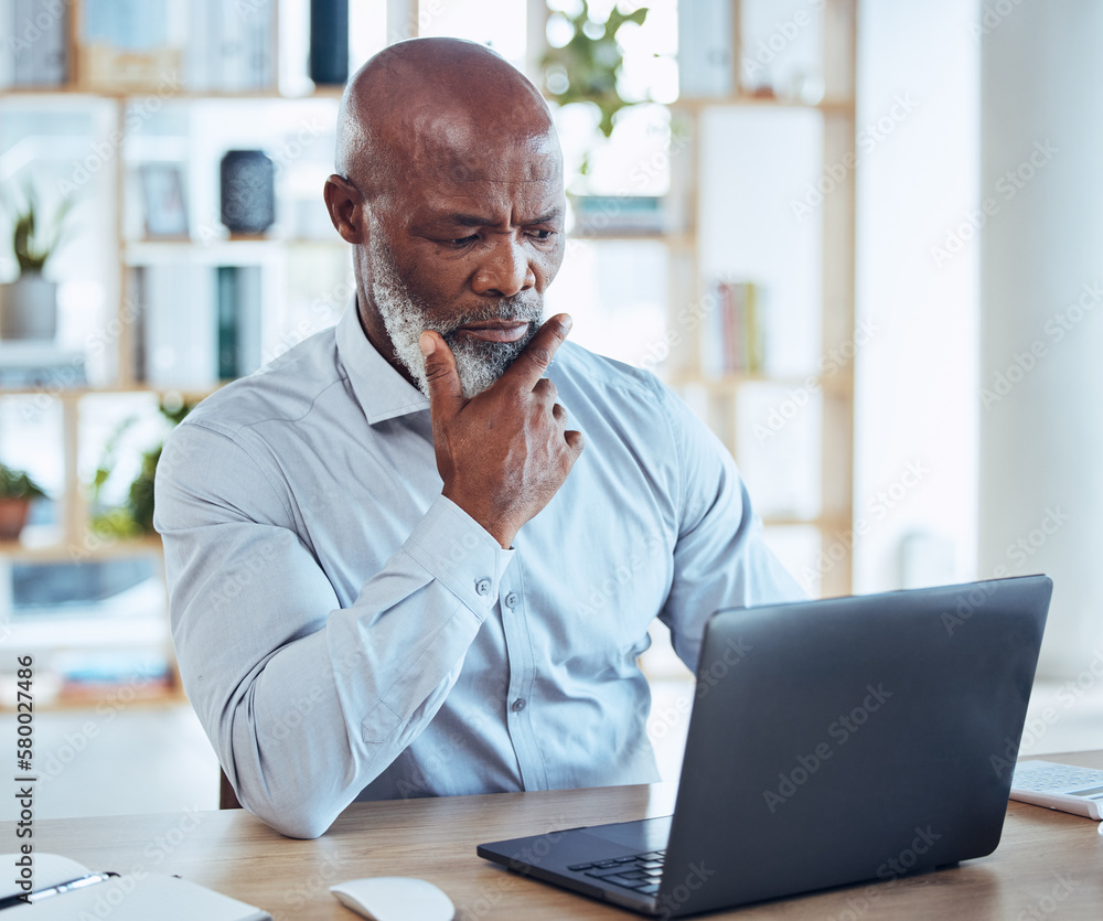 Thinking, business and black man on laptop in office, desk and company for solution, research or strategy. Confused, decision and working on computer of online planning, serious and question ideas Thinking, business and black man on laptop in office, desk and company for solution, research or strategy. Confused, decision and working on computer of online planning, serious and question ideas