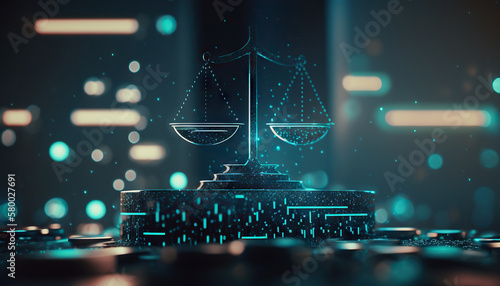 Law scales on background of data center. Digital law concept of duality of Judiciary, Jurisprudence and Justice and data in the modern world. Copy space. Based on Generative AI