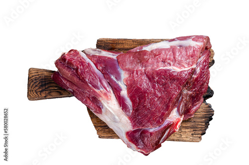 Raw lamb mutton thigh on butcher table. Isolated, transparent background