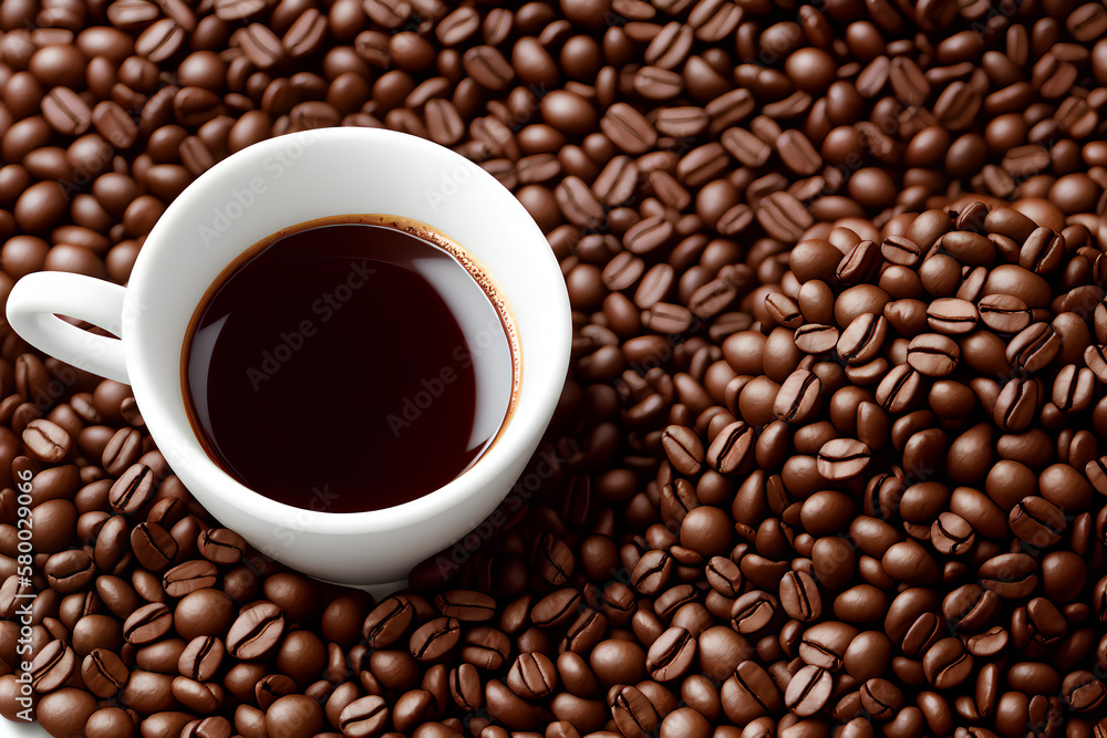 Cup of coffee and coffee beans. Generative AI. Cup of coffee and coffee beans. Generative AI.