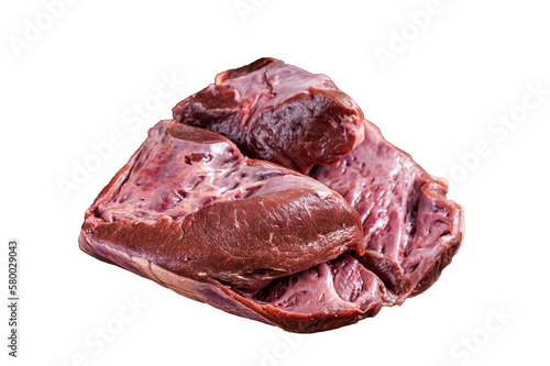 Cut Beef or veal raw heart on a butcher table. Isolated, transparent background