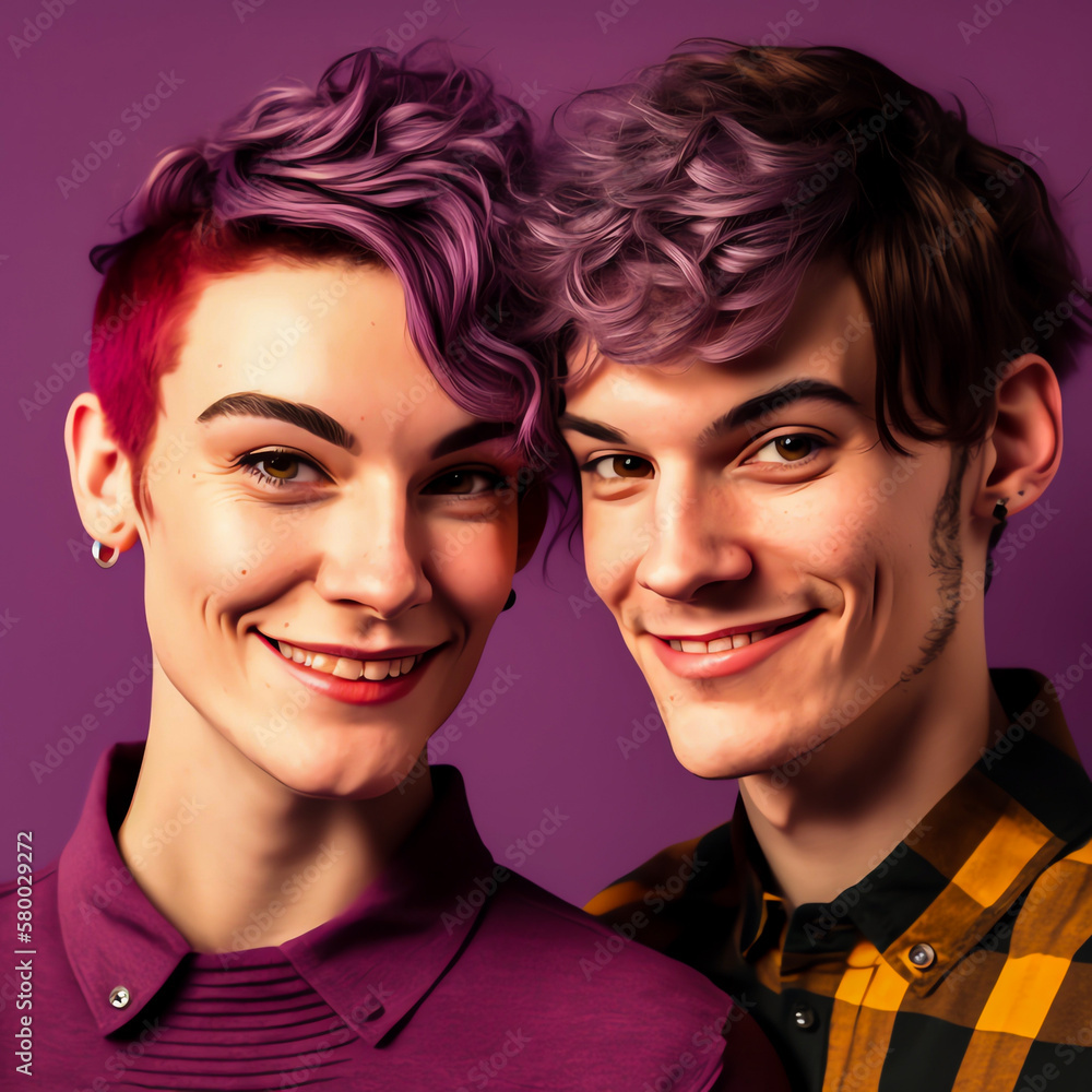 Couple of two non binary alternative people smiling AI generative with a purple background. lgbt pride day Couple of two non binary alternative people smiling AI generative with a purple background. lgbt pride day