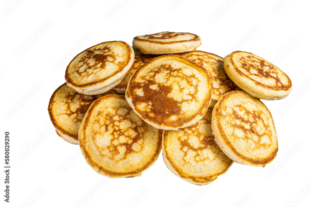 Stack of buttered pancakes on a kitchen table. Isolated, transparent background
