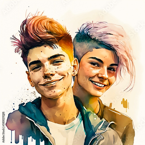 Couple of two non binary people smiling AI generative in watercolor style. lgbt pride day photo
