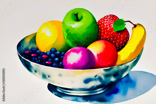 Colorful fruits in a bowl on a white background, close up