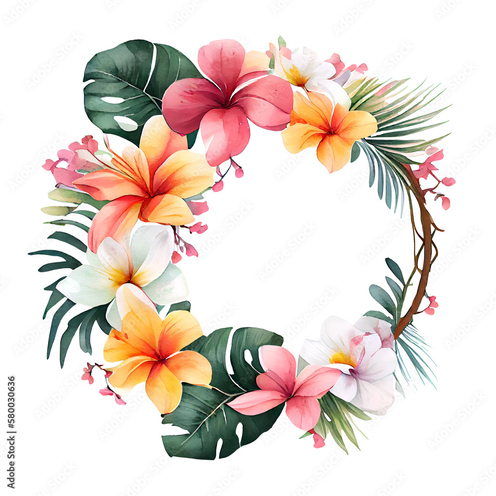 Watercolor tropical floral wreath isolated on white. Plumeria flowers round border. Generative AI