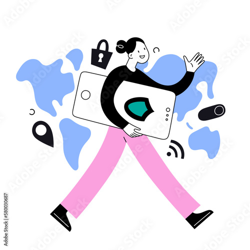 Woman using VPN application surfing internet on her smartphone. Tiny human character holding a huge phone with proxy application, world map background, virtual private network, Vector illustration