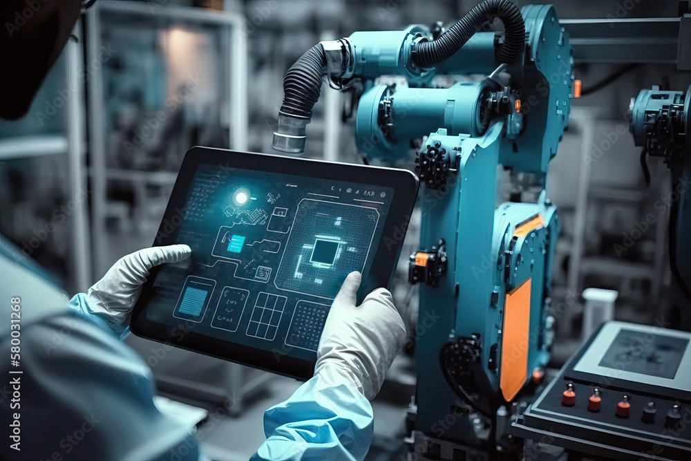 Generative AI illustration of male worker using tablet controlling