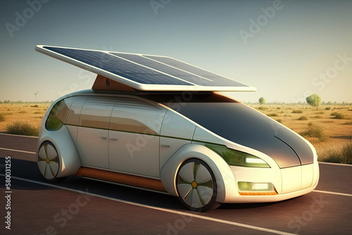 Generative AI illustration of futuristic car with solar panels driving on road photo