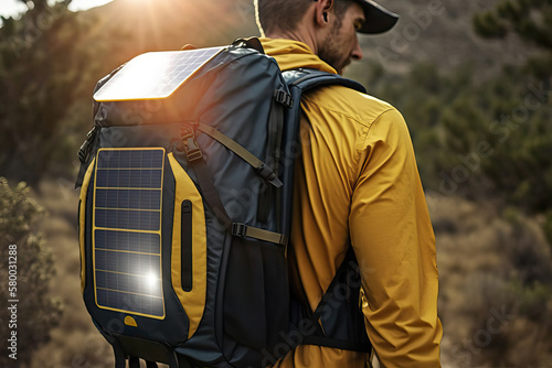 Generative AI illustration of tourist wearing hiking backpack with solar panels photo