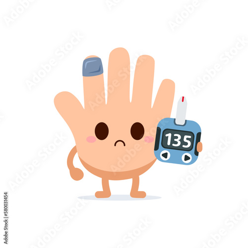Cute cartoon Hand checks blood sugar, diabetes, and glycemic on finger with a glucometer isolated on white background. Vector illustration Kawaii character flat design.