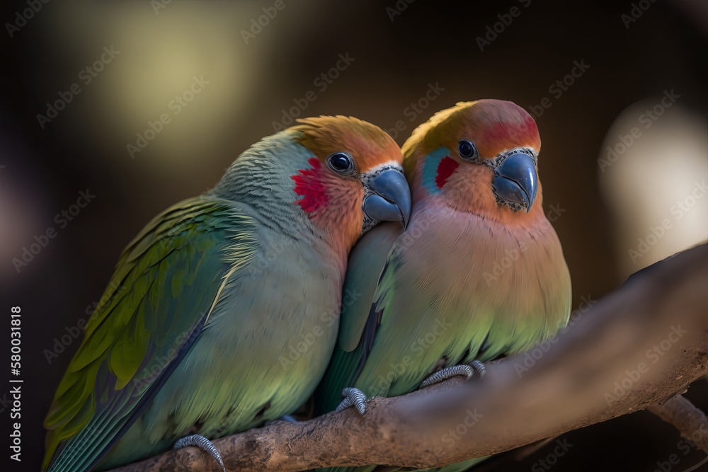 two green cute lovebirds on the branches