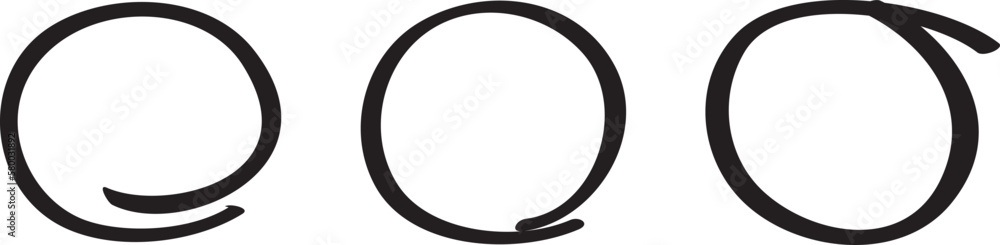 Black circle set, pen draw. Highlight hand drawing circle isolated on background. Handwritten black circle. For marking text, numbers, marker pen, pencil, logo and text check, vector illustration