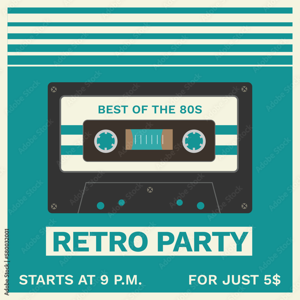 retro party poster with audio cassette 90s 80s poster 